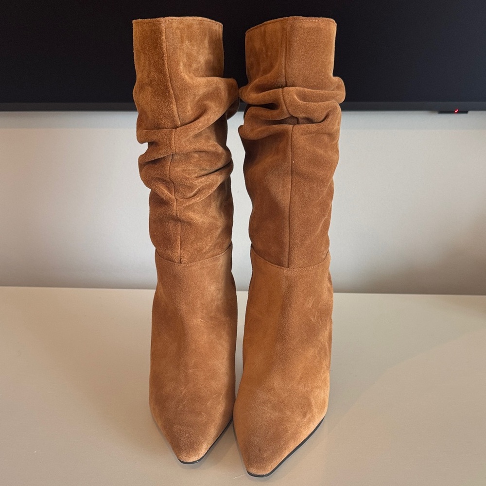 Slouchy Suede Mid-Calf Heeled Boots in Camel Brown - Picture 2 of 8